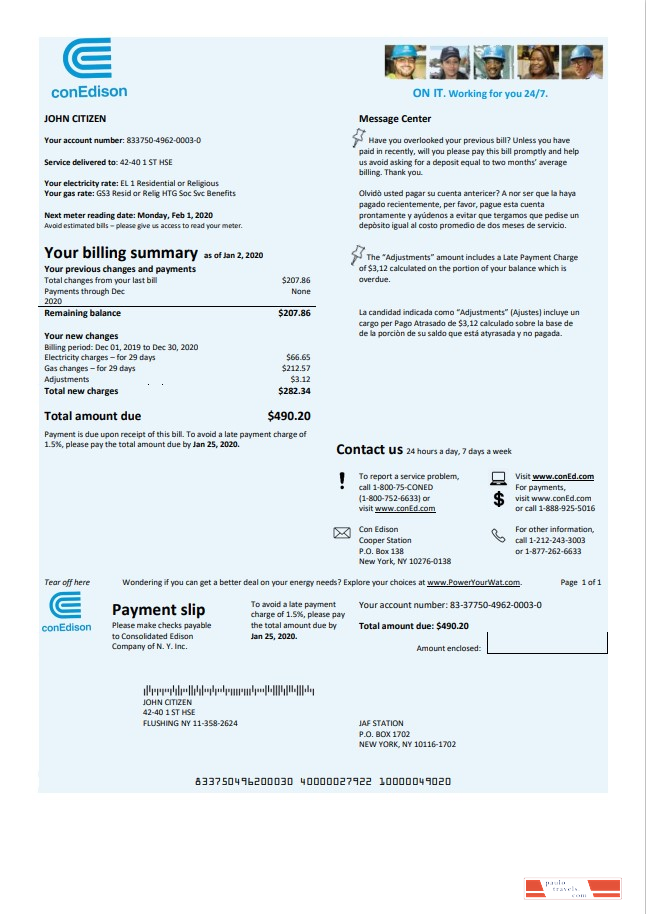 USA Con Edison electricity utility bill template in Word and PDF format